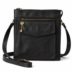 Fossil Black Leather Crossbody Bag Key Charm Zip Pocket Adjustable Strap Classic